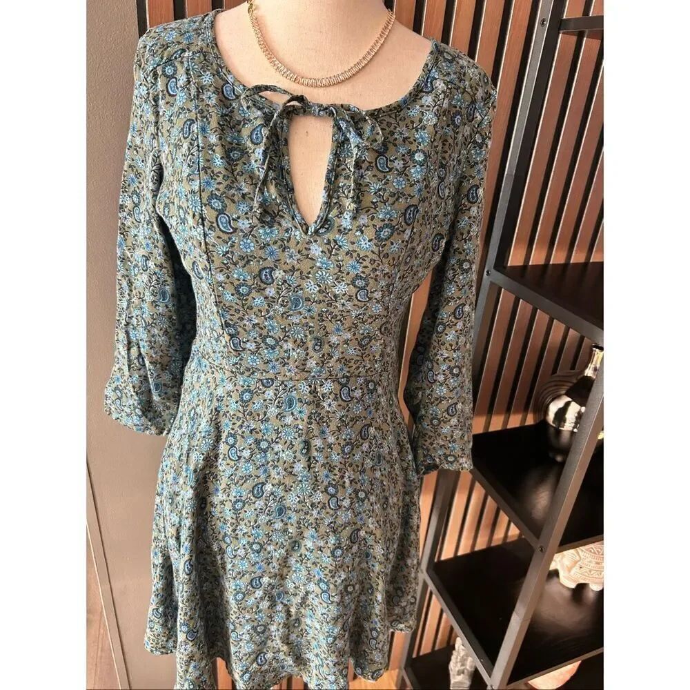 Hollister | Boho Green & Blue Paisley Keyhole Chest Long Sleeve Dress size 5
